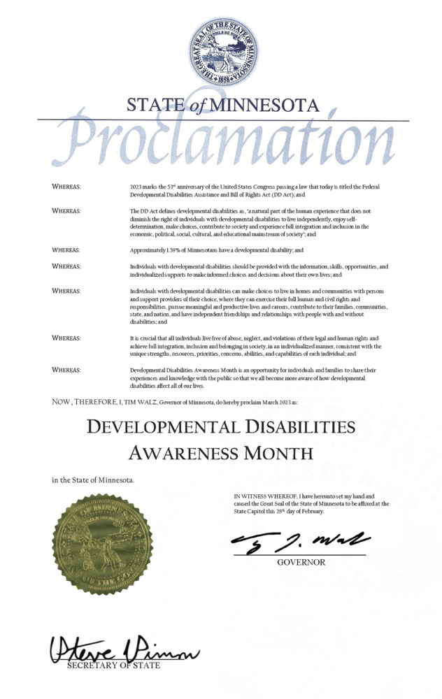 State of Minnesota Proclamation- March is Developmental Disabilities Awareness Month.