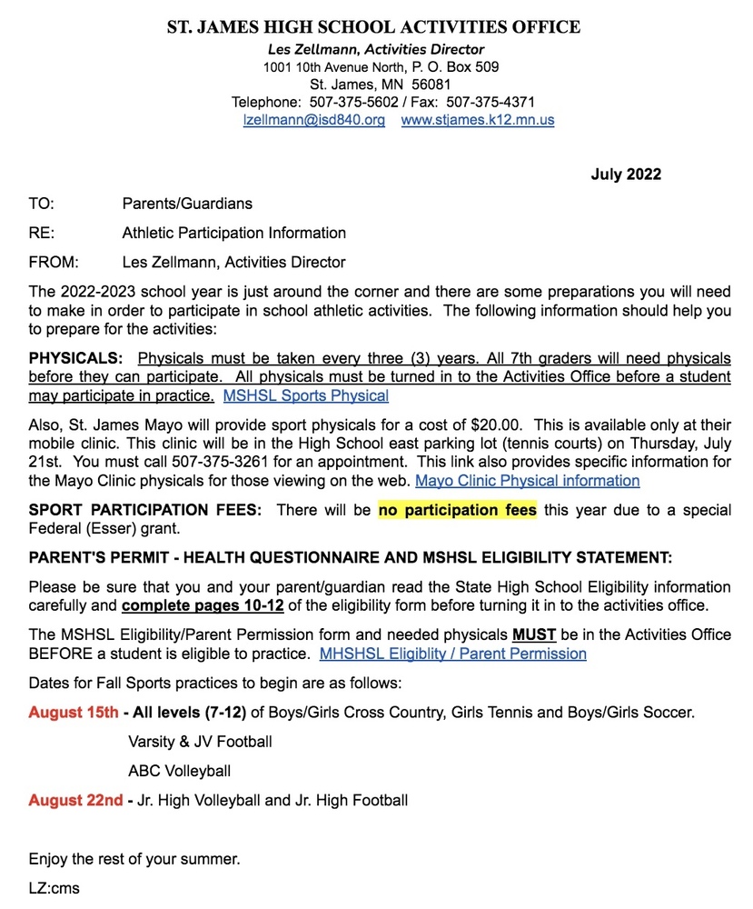 2022 Fall Sports Participation Information